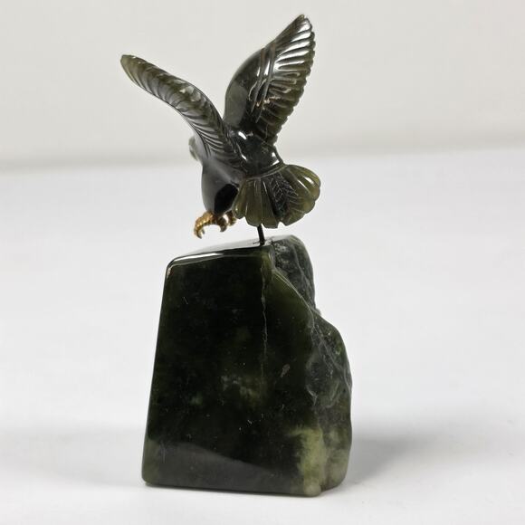 Carved Green Jade Eagle Figure Landing On Base With Gold Talons - Picture 5 of 9